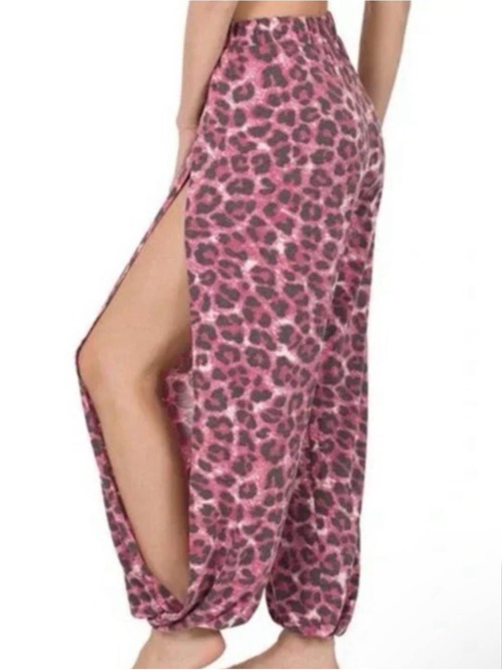 Zenana Pink Leopard Print Side-Slit Harem Pants